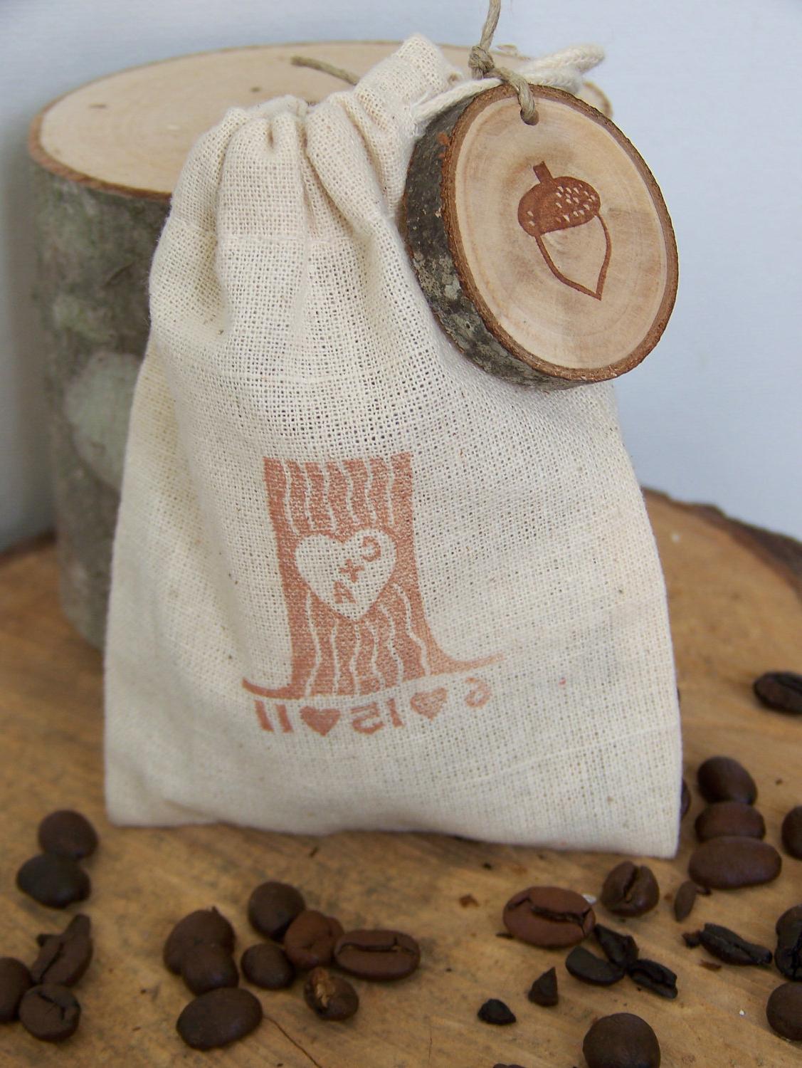 Organic Coffee Sampler Wedding Favor Rustic Tree Stump Custom Cotton Bags 50