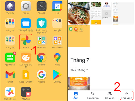 Truy cập vào ứng dụng Google Photos và nhấn chọn tab Thư viện