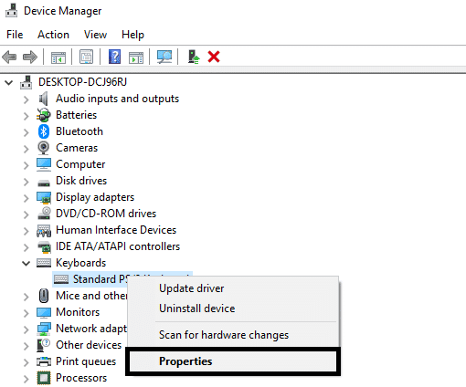 คลิกขวาที่แป้นพิมพ์และเลือก Properties