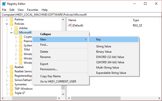 คลิกขวาที่คีย์ Microsoft จากนั้นเลือก New จากนั้นคลิก Key