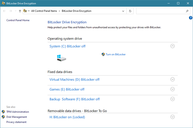 Окно BitLocker Drive Encryption из панели управления