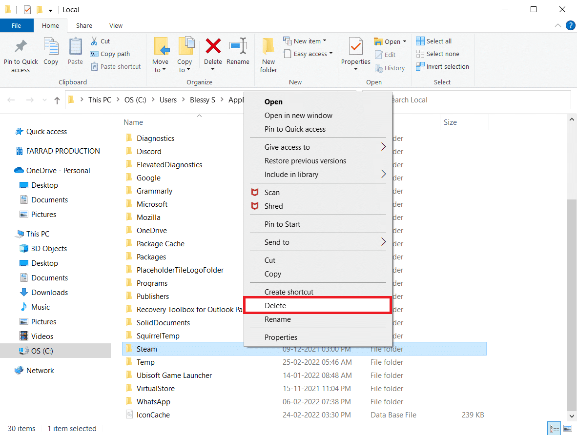 haga clic derecho en la carpeta Steam y elimínelo.  Solucionar error de servicio de Steam