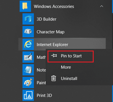 Faites un clic droit sur Internet Explorer et choisissez l'option Épingler à la barre des tâches