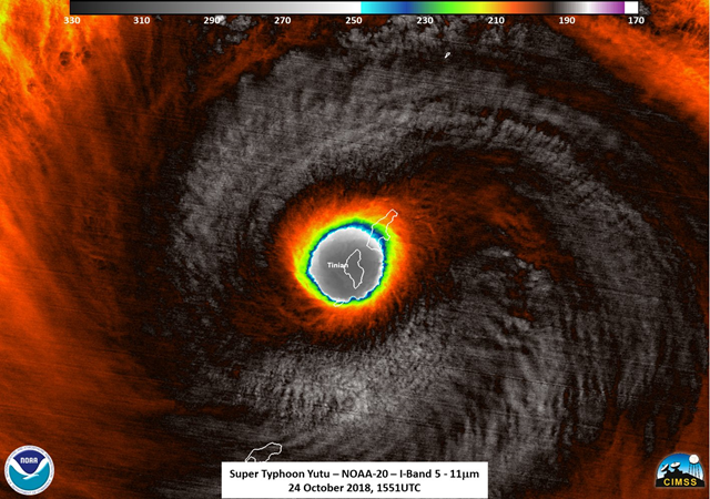 The NOAA20 satellite captured the moment the eye of Super Typhoon Yutu passed directly over Tinian Island, one of three main islands of the Northern Mariana Islands and a U.S. commonwealth, on 24 October 2018. Photo: NOAA