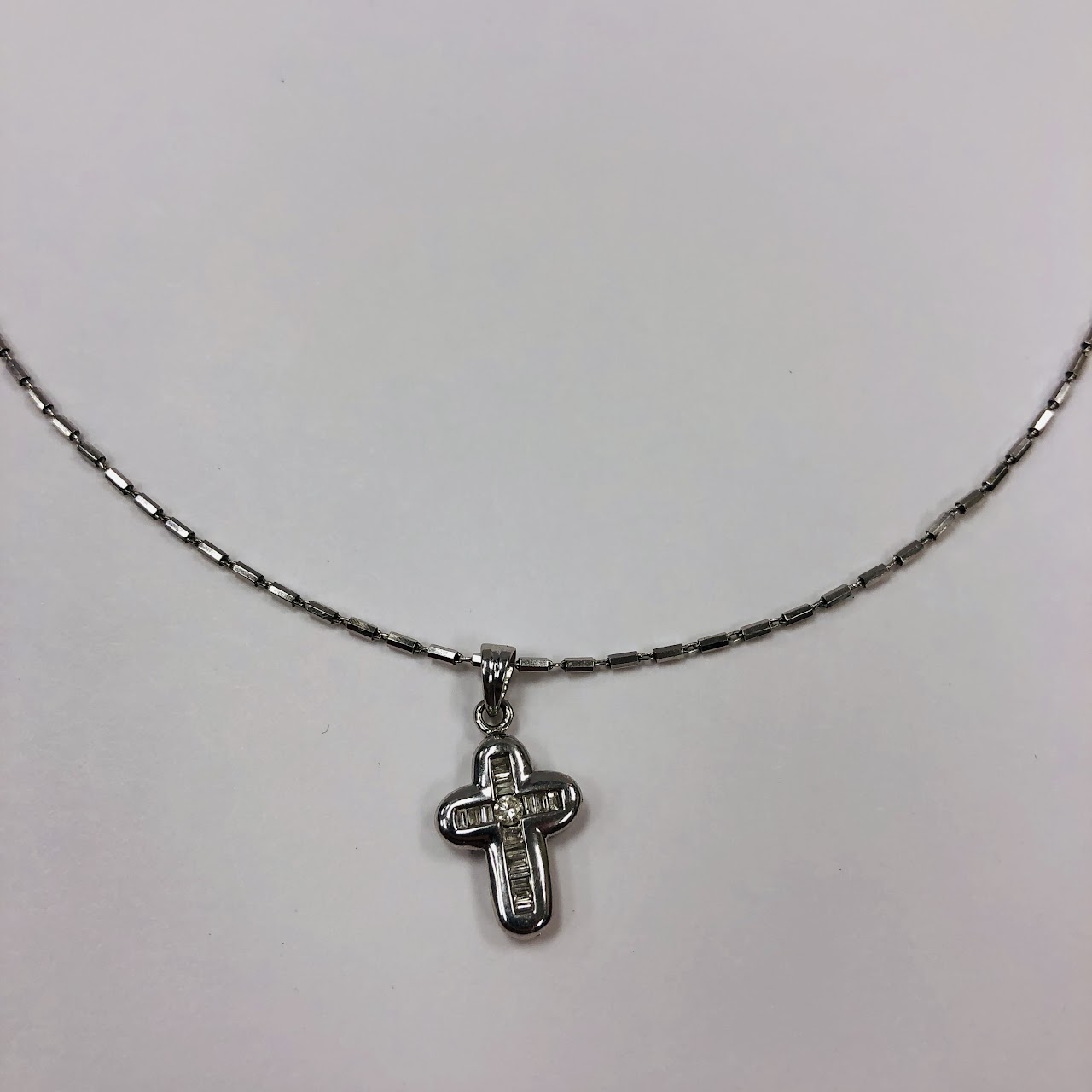 18K White Gold and Diamond Cross Pendant and 14K White Gold Necklace