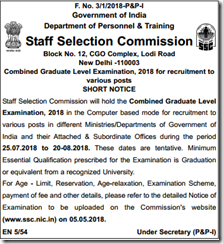 SSC CGL Exam 2018 Notification indgovtjobs