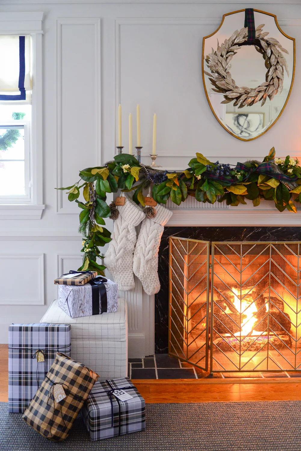 traditional christmas mantel, magnolia garland, christmas mantle