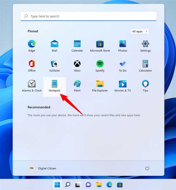 The Notepad shortcut pinned on Windows 11's Start Menu