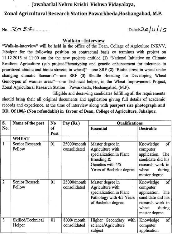 JNKVV Plant Breeding SRF/PA Walk Ins