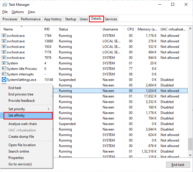 จากนั้นสลับไปที่หน้าต่าง Task Manager และคลิกขวาที่ TslGame.exe จากนั้นเลือกตัวเลือก Set Affinity  แก้ไข PUBG ไม่ทำงานบน Windows 10