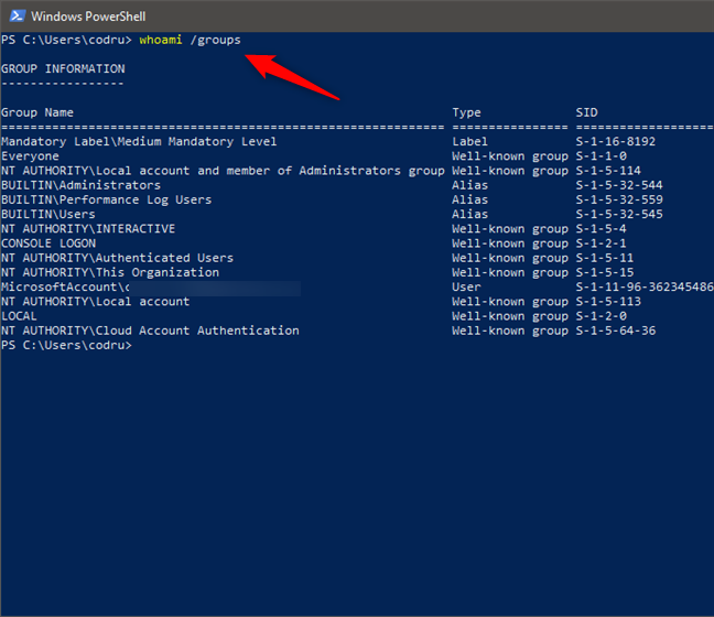 Il comando whoami /groups mostra l'elenco dei gruppi a cui appartiene un utente