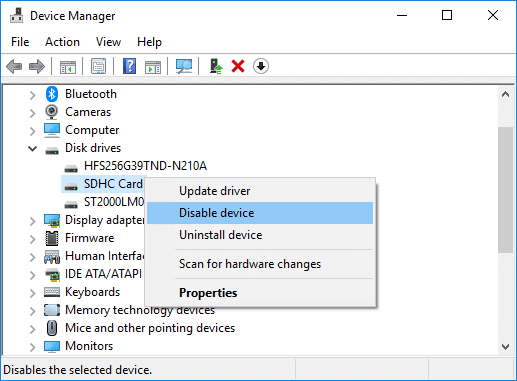 Fare clic con il tasto destro del mouse sul lettore di schede SD e selezionare Disabilita dispositivo