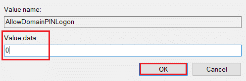 Edite los datos del valor de AllowDomainPINLogon a 0 en el Editor del Registro