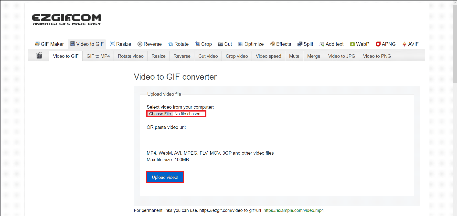 seleziona il pulsante scegli file nel convertitore online da video a GIF