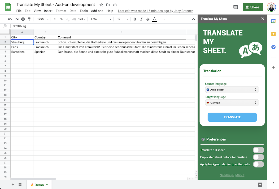 Terug, terug, terug deel het is nutteloos Ambitieus Translate My Sheet - Google Workspace Marketplace