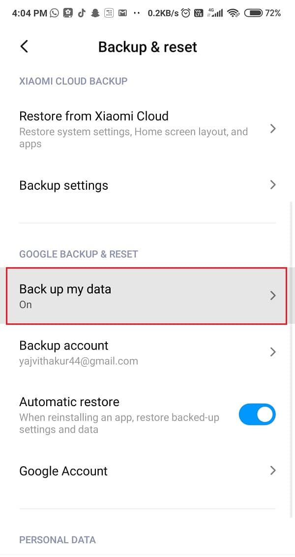 Klik op Back-up van mijn gegevens |  Een back-up maken van uw Android-telefoon