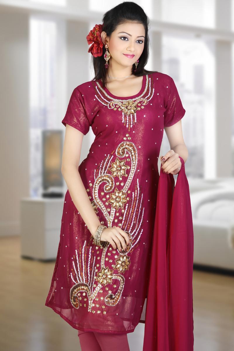 Deep Cerise Pink Embroidered Lazer Churidar Kameez   48.00