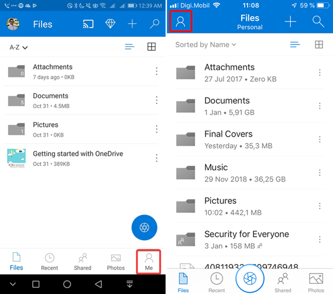 ไอคอนเปิดฉันใน OneDrive สำหรับ Android และ iOS