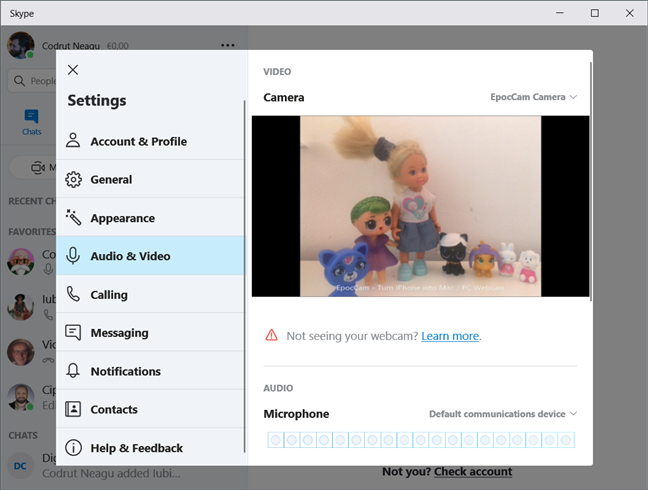 Utilizzo di un iPhone come webcam nell'app Skype di Windows 10