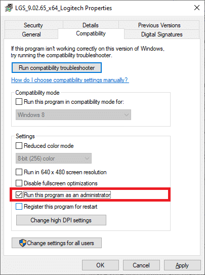 Voer dit programma uit als beheerder.  Fix Logitech Gaming Software niet geopend