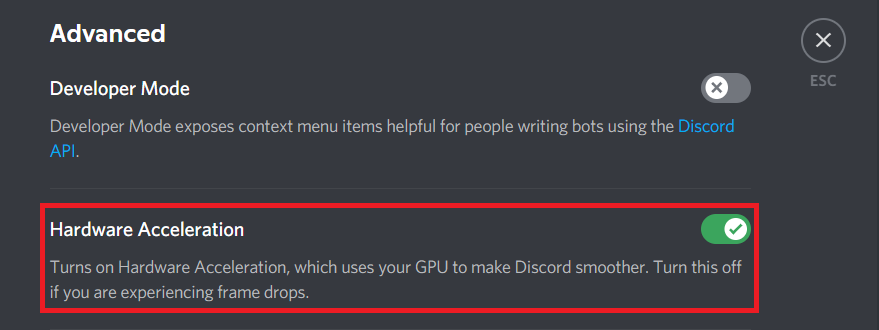 Tắt công tắc Tăng tốc phần cứng. Cách khắc phục Discord Camera không hoạt động trên Windows 10