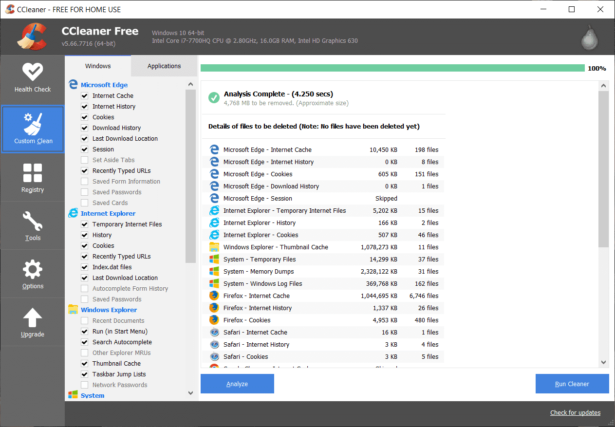 分析が完了したら、[CCleanerの実行]ボタンをクリックします