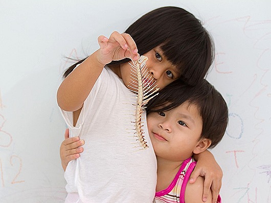 fishbone in hand little girl on wall background