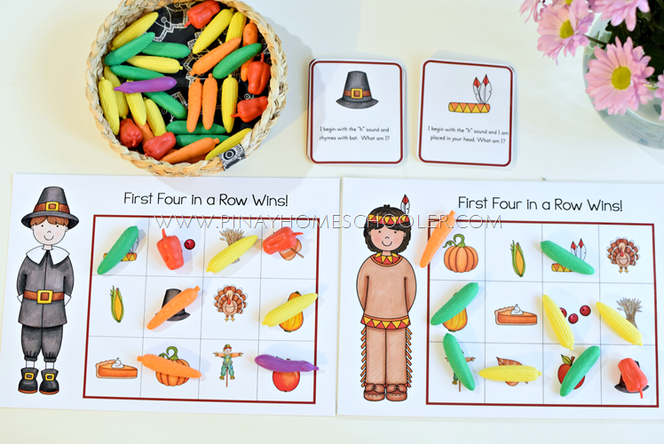 Thanksgiving Themed Rhyme and Beginning Letter Sound BINGO Game