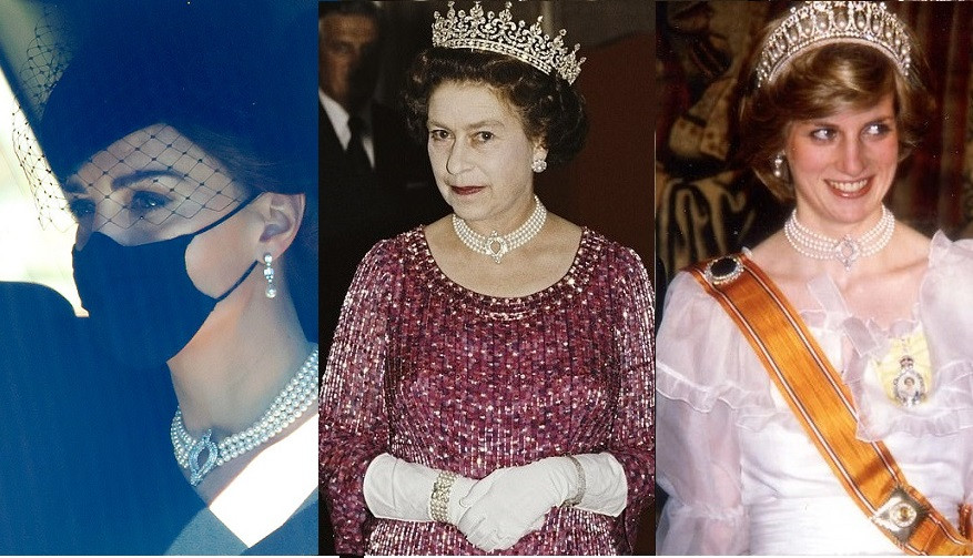 Kate Middleton wears a diamond and pearl necklace the Queen once loaned to Princess Diana for Prince Philip's funeral