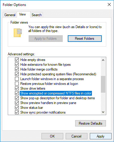 Zaškrtnutí Zobrazovat zašifrované nebo komprimované soubory NEFS barevně v části Možnosti složky