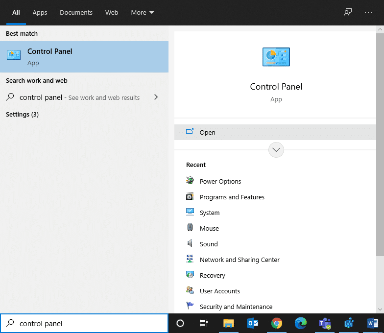 Open het Configuratiescherm vanuit de zoekresultaten