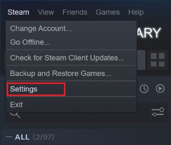 Dalle opzioni visualizzate, fare clic su impostazioni |  Risolto il problema con Steam Workshop che non scaricava le mod