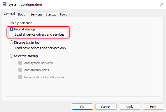 Seleccione Inicio normal en Configuración del sistema para salir del modo seguro