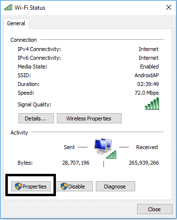 รับหน้าต่างป๊อปคลิกที่ Properties |  แก้ไขข้อผิดพลาด Enter Network Credentials บน Windows 10