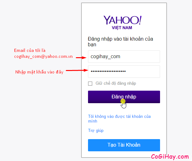 Điền đầy đủ thông tin đăng nhập Yahoo Mail