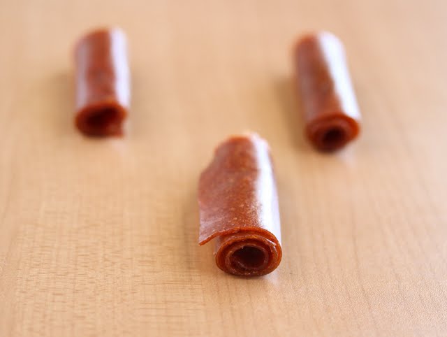 close-up photo of three rolls of fruit leather