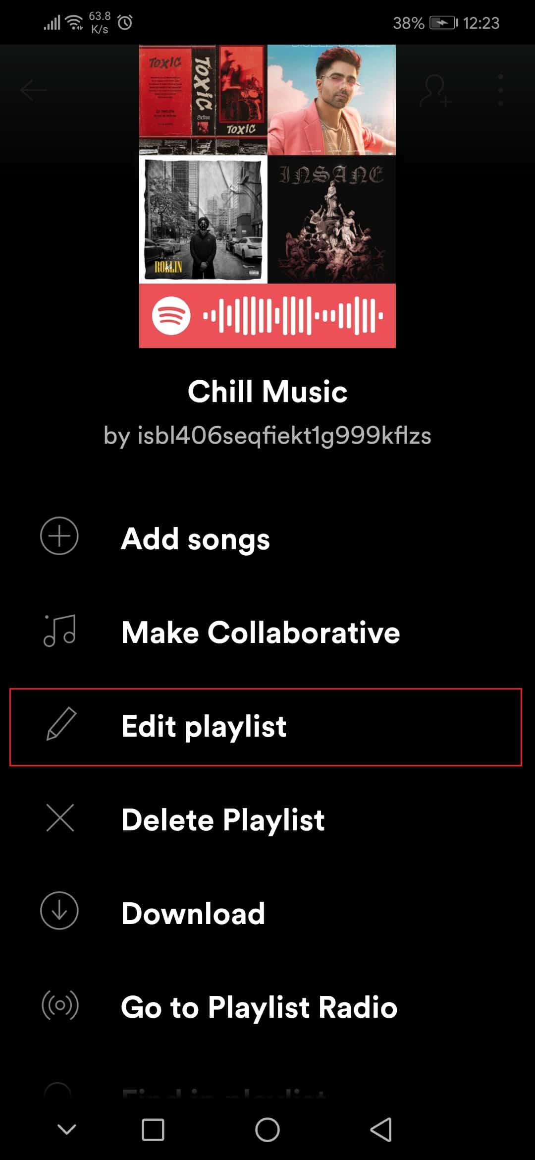 klepněte na možnost Upravit seznam skladeb v aplikaci Spotify Honor Play Android