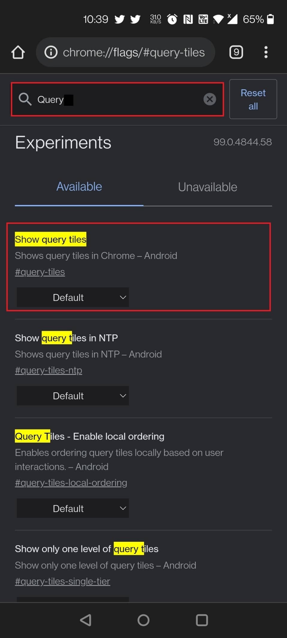 쿼리 타일을 표시합니다.  Android용 최고의 Chrome 플래그 35개