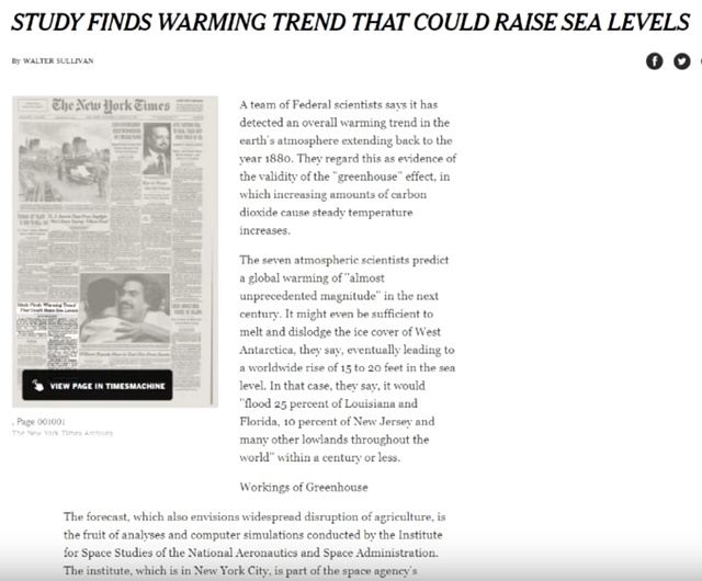 A story in New York Times from 1981, titled 'Study finds warming trend that could raise sea levels', reports on an early NASA study supporting the results of climate science. Graphic: The New York Times