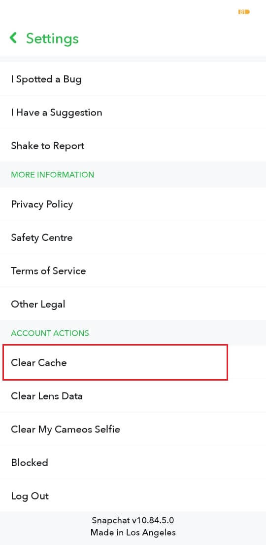 En la sección Acciones de la cuenta, haga clic en Borrar caché |  Solucione los retrasos de Snapchat o el problema de bloqueo en Android