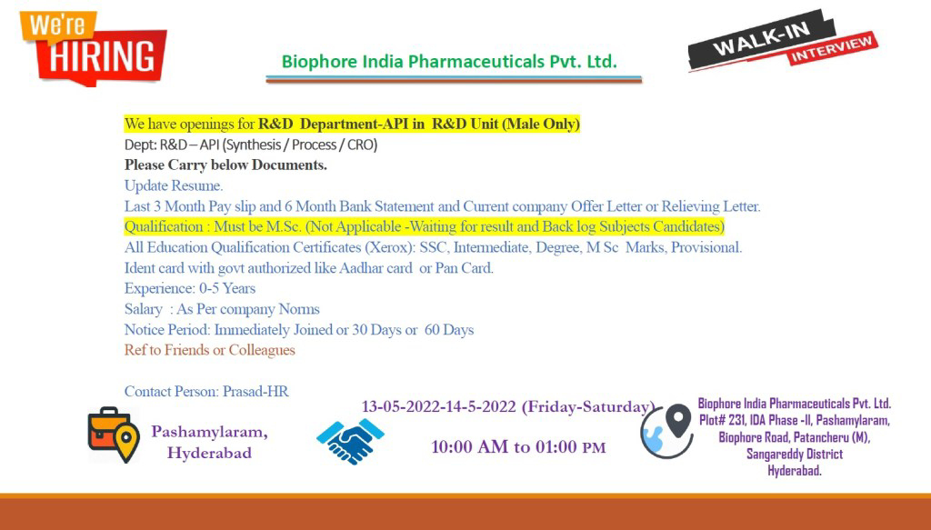 Job Availables,Biophore India Pharmaceuticals Pvt. Ltd. Walk-In-Interview For R&D Department- Freshers/ Experienced