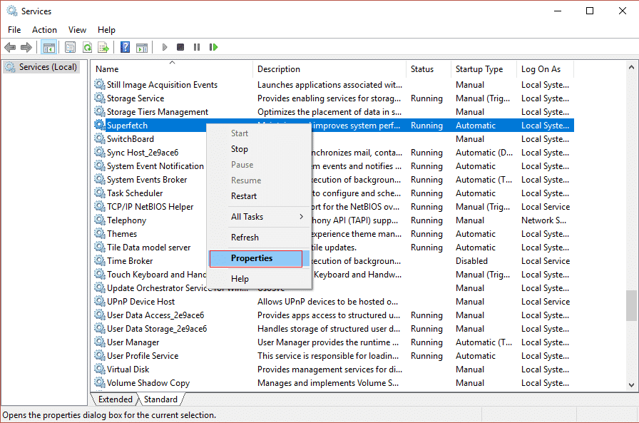 services.mscウィンドウでスーパーフェッチのプロパティを選択します