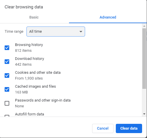 Klik op het tabblad Geavanceerd op de selectievakjes naast Browsegeschiedenis, Downloadgeschiedenis, Cookies en andere sitegegevens, Afbeeldingen en bestanden in cache en klik vervolgens op de knop Gegevens wissen.