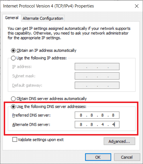 Google Public DNS를 사용하려면 Preferred DNS server 및 Alternate DNS server 아래에 값 8.8.8.8 및 8.8.4.4를 입력합니다.