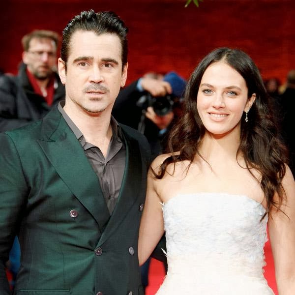 Colin Farrell, left, and British actress Jessica Brown Findlay arrive for the premiere of A New York Winter's Tale at a central London cinema, London, Thursday, Feb. 13, 2014.