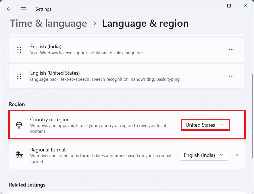 Opción de región en la sección Idioma y región. Cómo reparar el error de Minecraft 0x803f8001 en Windows 11