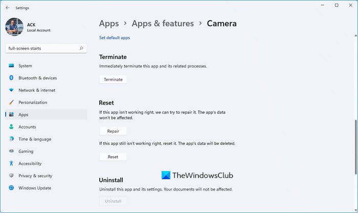 ripara l'app della fotocamera di ripristino di Windows 11