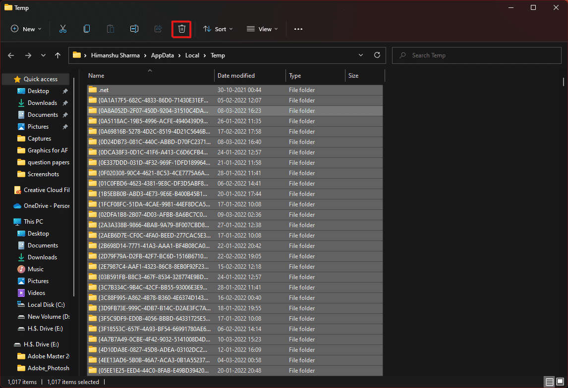 โฟลเดอร์ไฟล์ชั่วคราวจะเปิดขึ้น  กด Ctrl + A คีย์ผสมเพื่อเลือกไฟล์ทั้งหมด และคลิกตัวเลือก Delete จากบานหน้าต่างด้านบนเพื่อลบไฟล์ที่เลือก