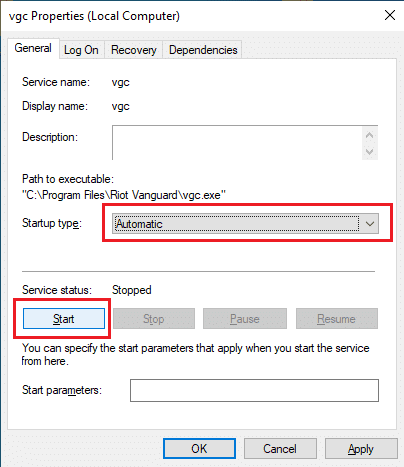 Cambie la configuración relevante en las propiedades de vgc.  Cómo reparar el error Valorant Val 43 en Windows 10