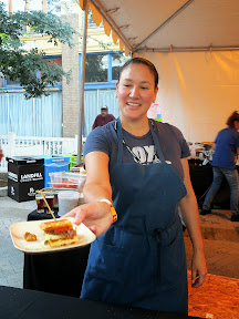 Feast Portland 2013 Day 1 Recap Gabrielle handing out Ox's Duck confit sandwich on cheddar jalapeno waffle with maple mustard and dill pickled peach Widmer Sandwich Invitational at Feast PDX 2013